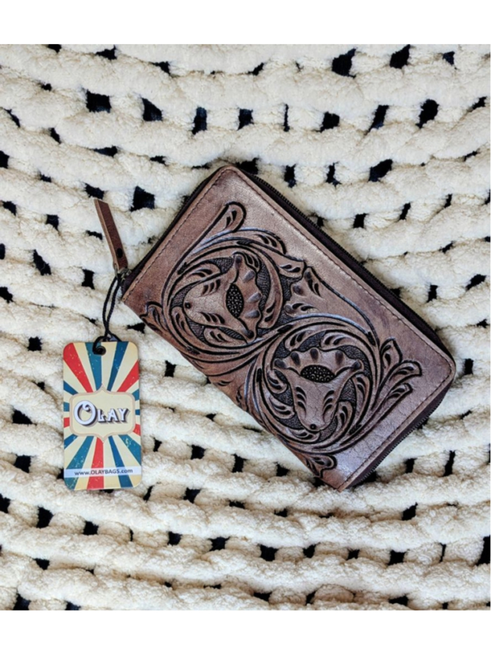 Olay Genuine Leather Western Tooled Zip Around Wallet Brown Floral Tooling NWT